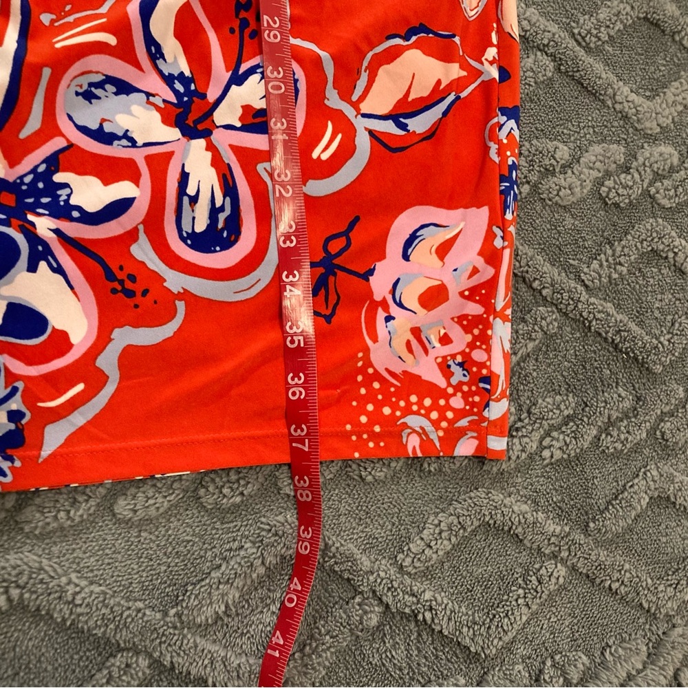 Chaps Bright Orange Midi Floral Dress w Side Ruching, Size Large - Picture 9 of 12